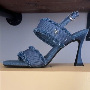 Fringed Denim-Look Blue Slingback High Heel Sandal